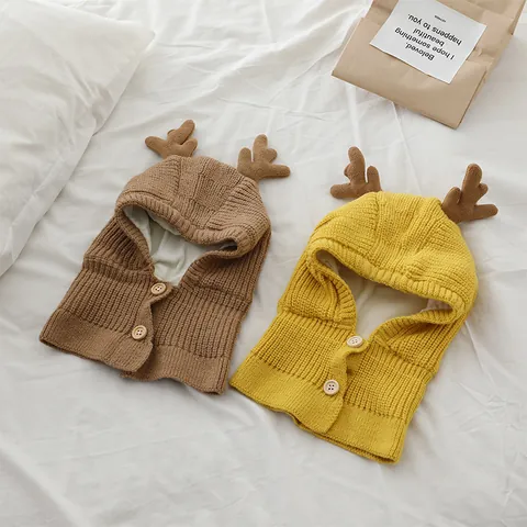 Bambini Inverno Maglia Passamontagna Cappello Con Corna Di Cervo Foderato In Pile Caldo Cappuccio Sciarpa Per Neonati Natale Cartone Animato Carino Cappello In Maglia