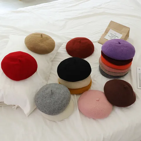 Kids Girls Solid Color Wool Felt Beret Hat Korean Style Sweet Warm Winter Painter Hat Artist Cap For Toddlers One To Six
