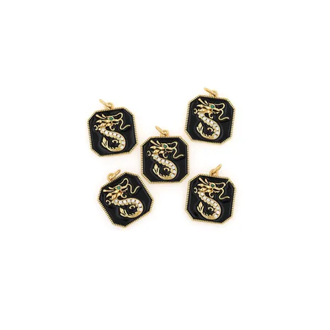 18K Gold Plated Copper Micro Pave Zirconia Chinese Zodiac Dragon Pendant Octagonal Enamel Drip Oil Charm For Necklace Jewelry Making Women Men