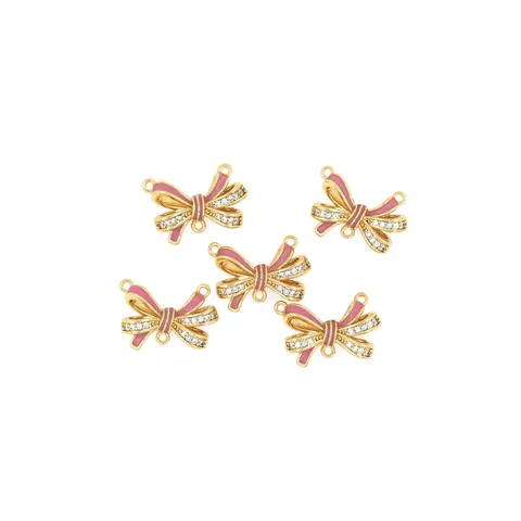 Gold Plated Copper Zirconia Bow Pendant DIY Jewelry Making Pink Enamel Butterfly Knot Charm Necklace Accessory Women Jewelry