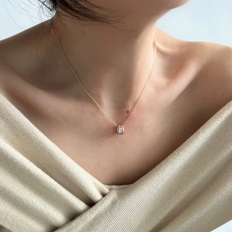 925 Sterling Silver Necklace For Women Pink Zirconia Pave Inlaid Delicate Cylindrical Pendant Elegant Clavicle Chain Jewelry