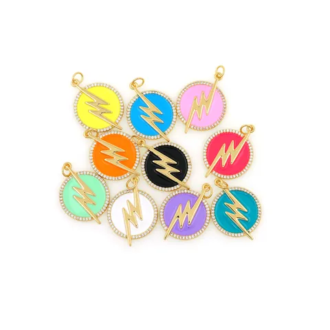 18K Gold Plated Copper Lightning Round Pendant Only (Without Chain) Enamel Cubic Zirconia Inlaid DIY Jewelry Accessories For Necklace Bracelet Making