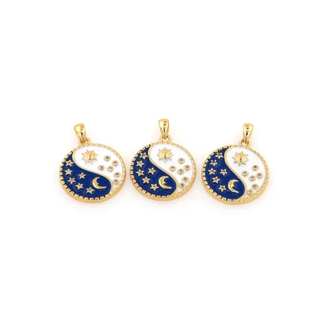 18K Gold Plated Copper Zirconia Starry Sky Yin Yang Sun Moon Star Round Pendant Only (Without Chain) For DIY Jewelry Making Accessory