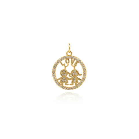 Colgante Romántico de Cobre Chapado en Oro 18K Redondo Calado LOVE Niño Niña Con Zirconia Para Fabricación de Joyería Bricolaje