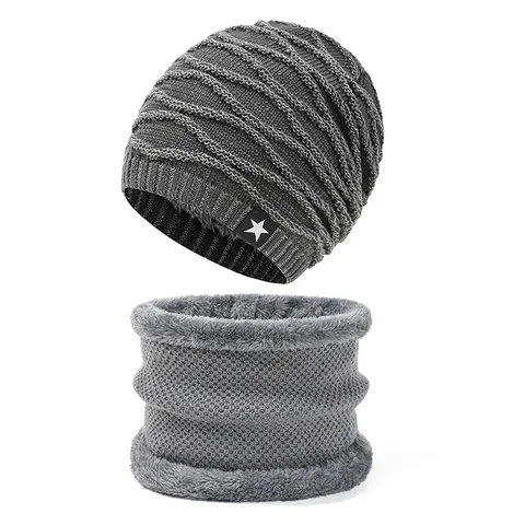 Men Winter Knitted Beanie Hat And Neck Warmer Fleece Lined Thickened Warm Slouchy Skull Cap With Star Patch Neck Gaiter For Outdoor