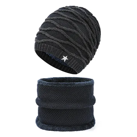 Men Winter Knitted Beanie Hat And Neck Warmer Fleece Lined Thickened Warm Slouchy Skull Cap With Star Patch Neck Gaiter For Outdoor