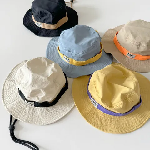 Kids Outdoor Sun Protection Bucket Hat Breathable Adjustable Windproof String Large Brim Sunshade Fisherman Cap For Boys Girls