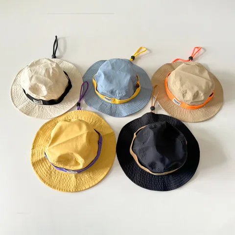 Kids Outdoor Sun Protection Bucket Hat Breathable Adjustable Windproof String Large Brim Sunshade Fisherman Cap For Boys Girls
