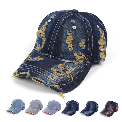 Berretto Da Baseball In Denim Lavato Vintage Con Dettagli Strappati E Cinturino Regolabile Cotone Traspirante Per La Protezione Solare