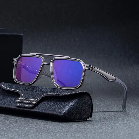 Lunettes de Soleil Carrées à Double Pont Homme Rétro Monture en Alliage de Zinc Verres PC UV400 Mode Conduite Extérieure Fini Mat