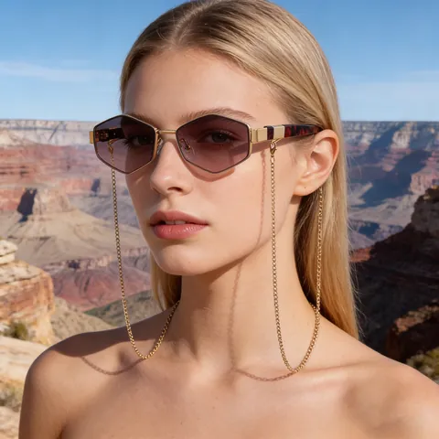 Fashion Women Hexagon Sunglasses Metal Frame Gradient PC Lens UV400 Protection Eyewear With Decorative Metal Chain Jewelry