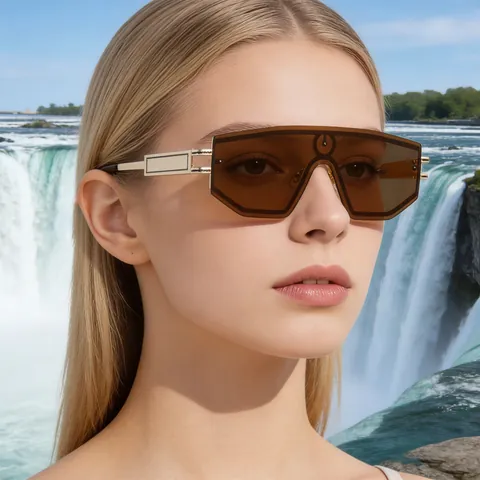 Gafas de Sol Escudo de Gran Tamaño para Mujer Hombre Lentes PC Protección UV400 Marco de Metal Geométrico Futurista Exterior