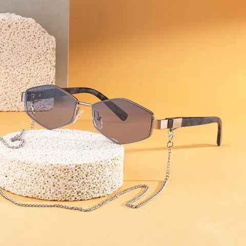 Fashion Women Hexagon Sunglasses Metal Frame Gradient PC Lens UV400 Protection Eyewear With Decorative Metal Chain Jewelry