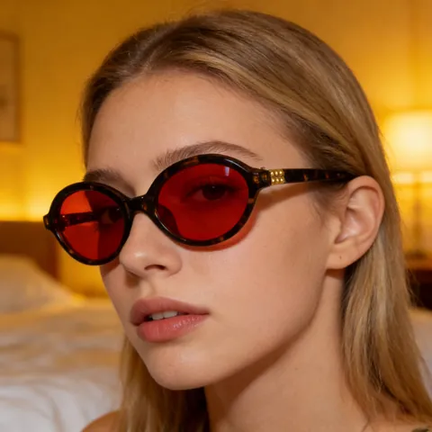 Gafas de Sol Ovaladas Retro para Mujer Lentes Rojas Bloqueo de Luz Azul Gafas de Sueño Moda Montura Plástico Metal UV400