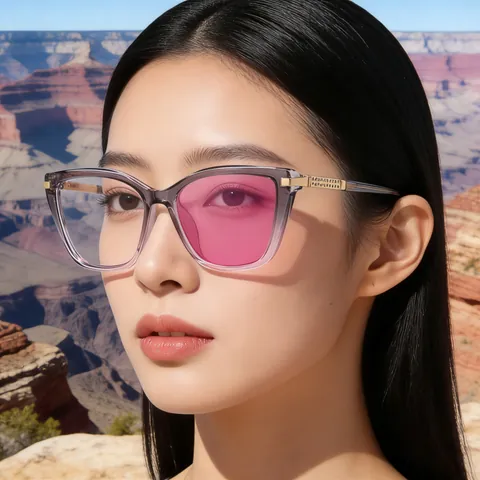Fashion Cat Eye Photochromic Sunglasses Women UV400 Gradient PC Metal Rhinestone Frame Color Changing Lenses Travel Eyewear