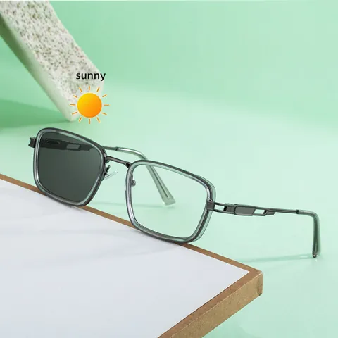 Gafas de Sol Fotocromáticas Rectangulares Hombre Retro Punk Montura Cuadrada Bisagra de Resorte Metálica Protección UV400 para Conducción Fiesta