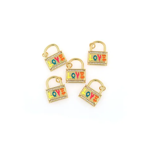 Vergoldete Kupfer Vorhängeschloss Anhänger Bunte Emaille LOVE Charms Mikro Pave Zirkonia Für DIY Halskette Armband Schmuckherstellung