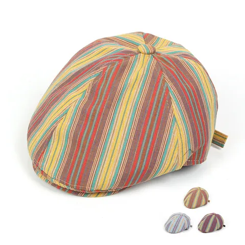Vintage Multi Color Striped Newsboy Cap For Women Cotton Blend Breathable Sunshade Flat Cap Retro Fashion Beret Hat