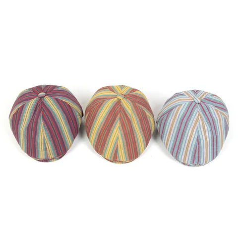 Vintage Multi Color Striped Newsboy Cap For Women Cotton Blend Breathable Sunshade Flat Cap Retro Fashion Beret Hat