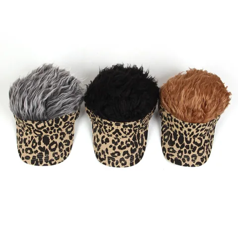 Novelty Leopard Print Baseball Cap With Wig Fun Short Hair Sun Hat For Men Women Party Outdoor Visor Hat