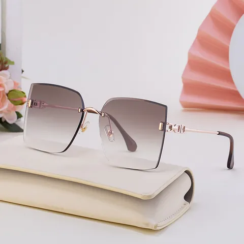 Luxury Rimless Square Sunglasses For Women Nylon Gradient Lenses UV400 Protection Metal Chain Temple Fashion Sunglasses