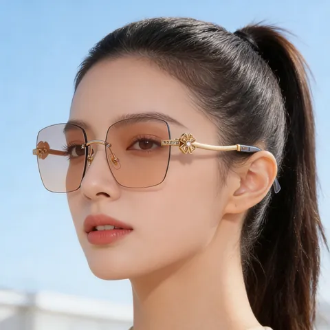 Lunettes de Soleil Carrées Sans Monture pour Femmes Branche en Métal avec Strass et Fleurs Protection UV400 Lunettes de Soleil Tendance pour Voyage Fête Conduite