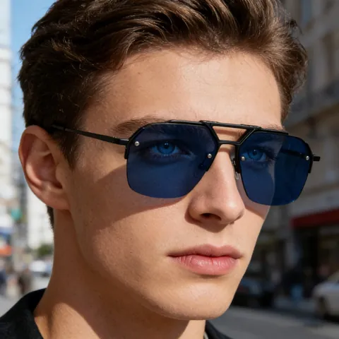 Lunettes de Soleil Pilote Rétro Demi-Cerclées Homme Femme Monture Métal Protection UV400 Double Pont Mode Conduite Extérieur