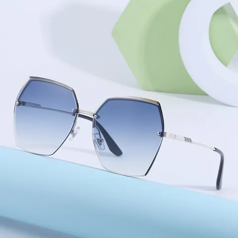 Occhiali da Sole Donna Senza Montatura Taglio Diamante Grandi Geometrici Lenti in Nylon Montatura in Lega TR90 UV400 Trendy