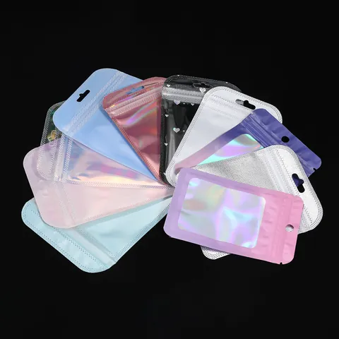 Colorful Laser Holographic Ziplock Jewelry Packaging Bags Waterproof Plastic Foil Storage Pouch With Hang Hole For DIY Accessory