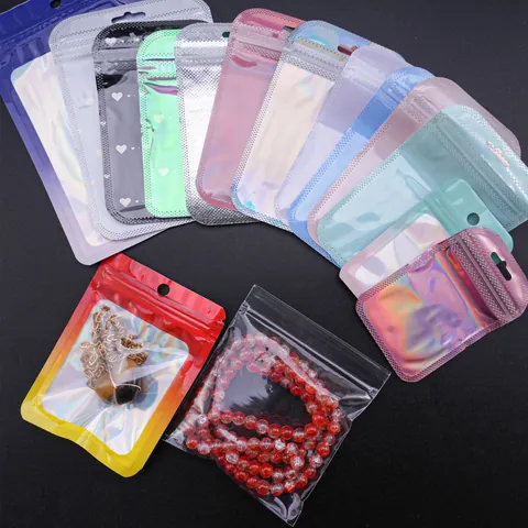 Bolsas de Embalaje Joyería Holográficas Láser Coloridas con Cierre Hermético Bolsas de Almacenamiento Plástico con Agujero para Colgar