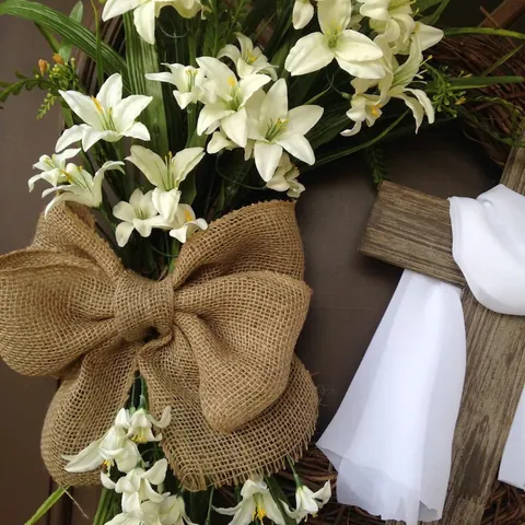 Easter Cross Wreath With White Lilies Burlap Bow Artificial Flower Religious Pastoral Style Wall Door Hanging Decoration