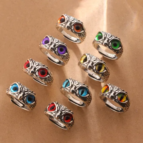 Vintage Owl Ring For Men Women Retro Copper Adjustable Open Ring With Colorful Eye Gothic Punk Animal Finger Jewelry Gift