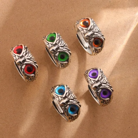 Vintage Owl Ring For Men Women Retro Copper Adjustable Open Ring With Colorful Eye Gothic Punk Animal Finger Jewelry Gift