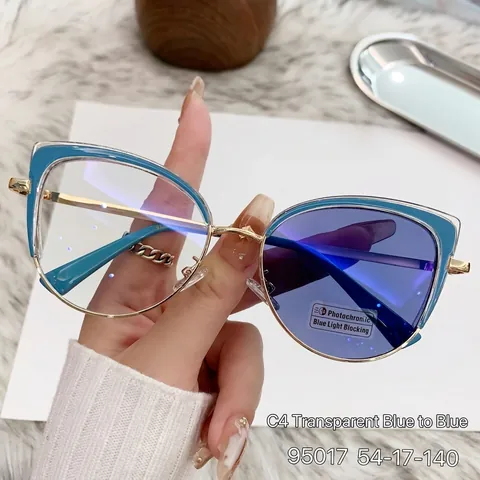 Dames Trendy Cat Eye Photochromische Zonnebril TR90 Metalen Montuur UV400 Blauw Licht Filter Kleurveranderende Bril
