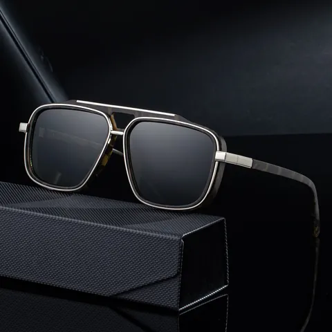 Quadratische Polarisierte Sonnenbrille Für Herren Vintage Luxus Doppelsteg Metall PC Rahmen UV400 Mode Brillen