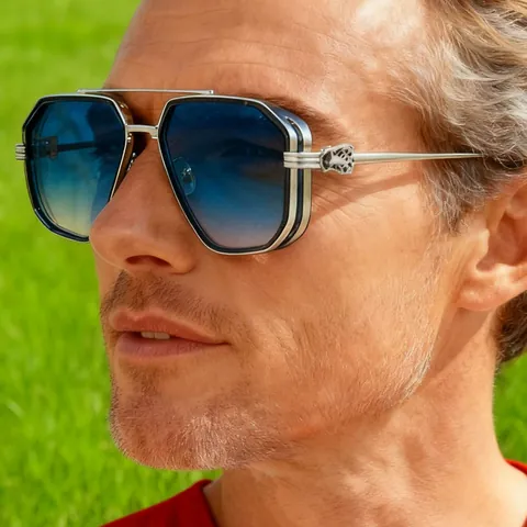 Gafas de Sol Cuadradas Vintage Con Decoración de Cabeza de Leopardo Pantera Doble Puente Marco de Metal Lente de PC para Hombre Mujer Gafas de Moda