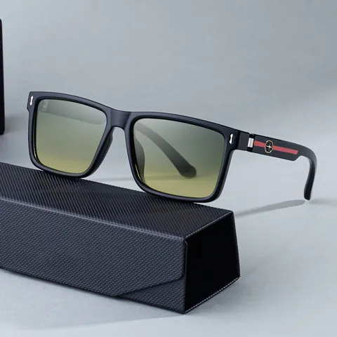 Gafas de Sol Cuadradas Vintage para Hombre Protección UV400 Material PC Moda al Aire Libre Con Logotipo de Metal a Rayas Rojas y Verdes