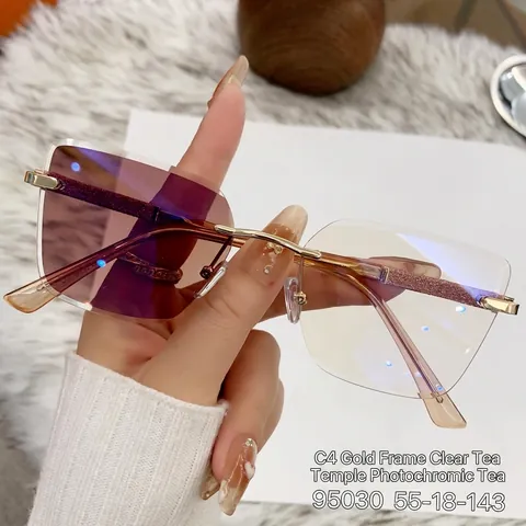Damen Quadratisch Randlos Photochrome Sonnenbrille UV400 Blaulichtfilter Brille Mit Glitzer Zinklegierung Bügel