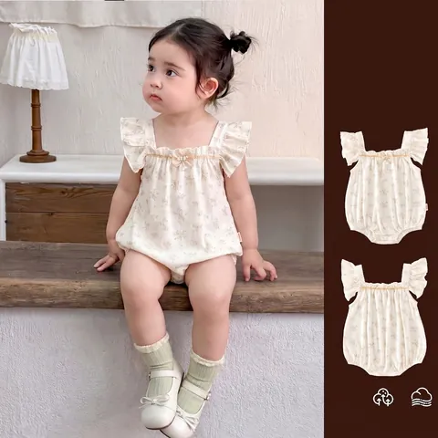 Baby Girl Sweet Floral Romper Sleeveless Cotton Summer Jumpsuit With Artificial Pearl Bow Ruffle Birthday Party Outfit