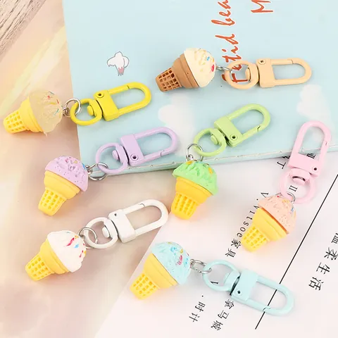 Cartoon Resin Ice Cream Cone Keychain Sweet Simulation Food Bag Charm DIY Pendant Accessory Colorful Lobster Clasp For Women Girls
