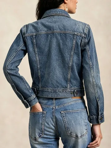 Vrouwen Vintage Gewassen Denim Jas Amerikaanse Retro Cropped Lange Mouwen Spijkerjas Klassieke Button Up Katoenen Jas Blauw Outerwear
