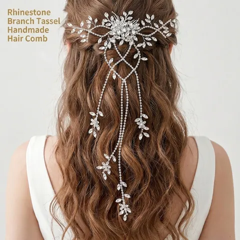 Handgefertigter Braut Haarkamm Mit Langen Strass Quasten Gold Silber Blume Blatt Braut Kopfschmuck Hochzeit Party Zubehör