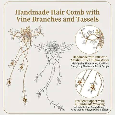 Handgefertigter Braut Haarkamm Mit Langen Strass Quasten Gold Silber Blume Blatt Braut Kopfschmuck Hochzeit Party Zubehör