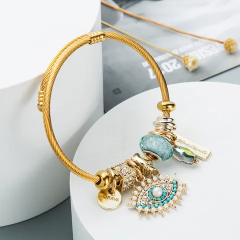 Bracciale Rigido Bohemian in Acciaio Inossidabile con Malocchio Placcato Oro e Ciondoli in Cristallo per Donna