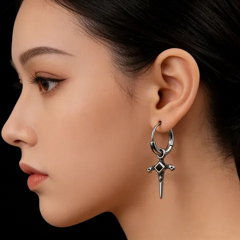 Stainless Steel Cross Sword Drop Earrings With Black Zirconia Gothic Retro Unisex Hoop Earrings Personalized Hip Hop Fashion Jewelry