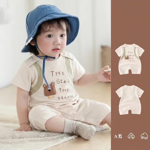 Baby Summer Cotton Short Sleeve Romper Cute 3D Bear Patchwork Contrast Color Jumpsuit Soft Breathable Newborn Infant Playwear