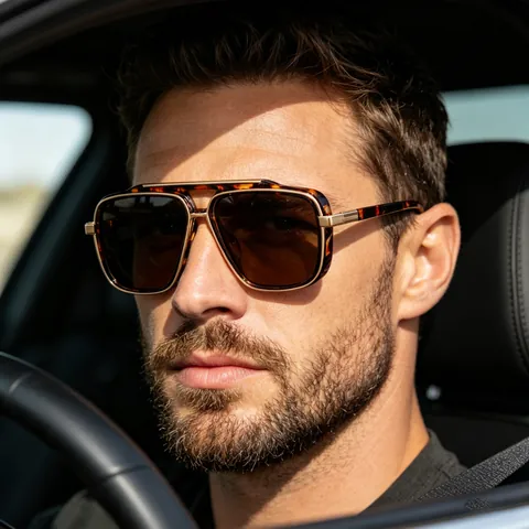 Men Square Polarized Sunglasses Vintage Double Bridge Metal Frame UV400 Protection Driving Fishing Outdoor Fashion Eyewear