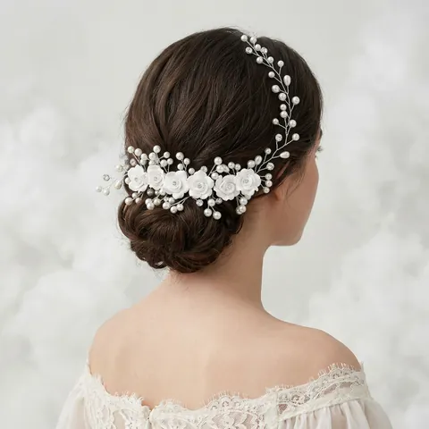 Handgefertigter Braut Haarkamm Weiße Polymeer-Ton Blume Kopfschmuck Silberdraht Hochzeit Haarschmuck Für Frauen Party Brautjungfern