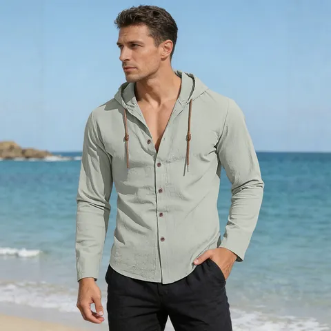 Herren Casual Baumwolle Leinen Kapuzenhemd Langarm Knöpfe Kordelzug Strand Urlaub Einfarbig Oberteil