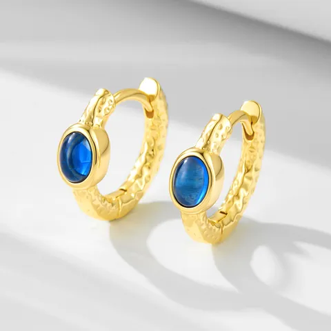 Vintage 925 Sterling Zilveren Creolen Voor Dames Blauwe Zirkonia Ingelegd Gehamerde Textuur Huggie Oorbellen Mode Sieraden